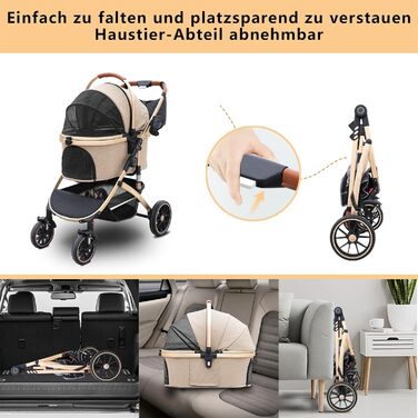 Візок для собак та котів 4-колісний, до 30 кг, для 2 котів, поворотні колеса, сітчасті вікна, 3-в-1 (Хакі, 39.8x77x102 см)