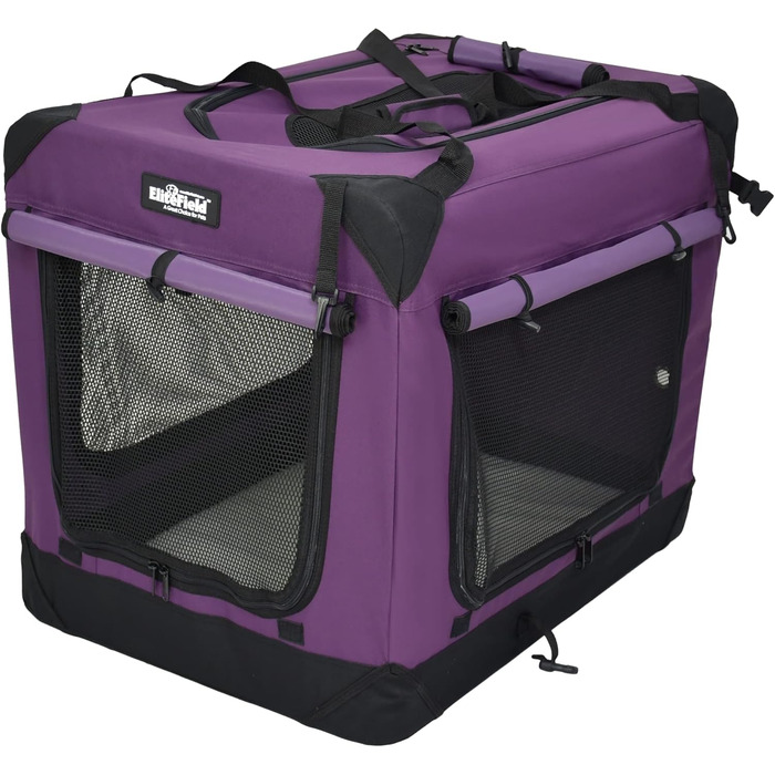 EliteField Транспортна переноска для собак, сумка-переноска, переноска з 4 дверима, складна, м'яка, з фіранками, сумка-переноска та лежанка з флісу, для дому та вулиці, 76,2 x 53,3 x 61 см, фіолетовий + 4 фіранки 30.0' x 21.0' x 24.0'