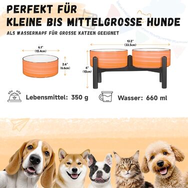 Керамічна годівниця для собак на підставці з нержавіючої сталі - подвійна годівниця для маленьких та середніх собак - неслизький набір мисок для корму та води - 350г / 660мл - 15см - (Помаранчевий)