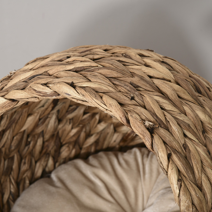 PawHut Ротанг Cat Cave Cat лежак з водяною гіацинтовою подушкою 50x42x60см світло-коричневого кольору для затишного відпочинку