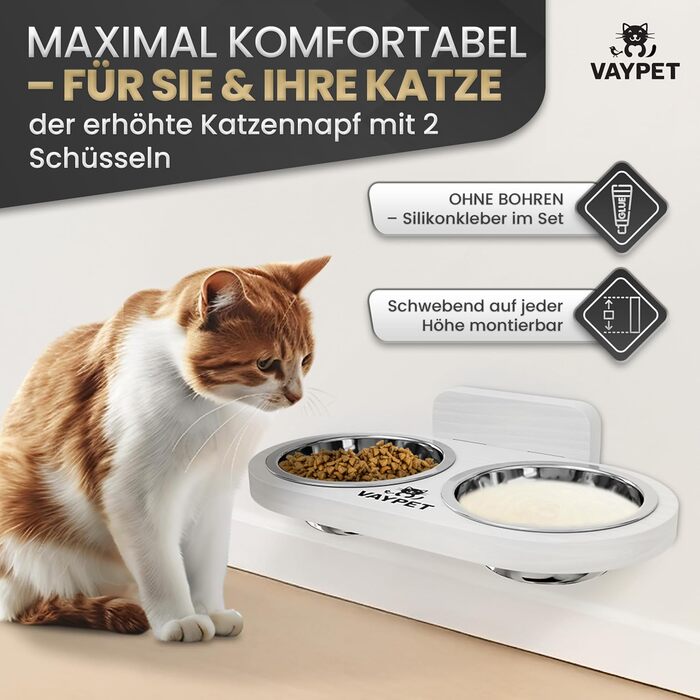 Підвищений годівниця для котів VAYPET® з силіконовим клеєм для кріплення на стіну без свердління. Плавучий годівниця для котів для зручного положення. Надійний годівниця з нержавіючої сталі білого кольору.