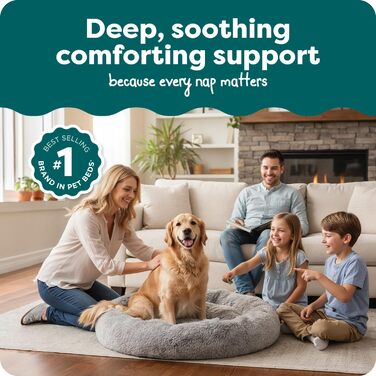 Кругла лежанка для собак Furhaven 45' XL Donut з м'якого штучного хутра, заспокоююча, знімний чохол, сірий, 114 x 114 x 23 см