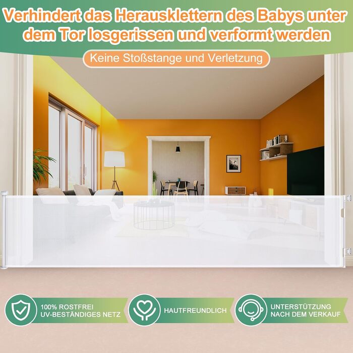 Розсувна захисна сітка для дитини та собаки, 400 см, біла. Захист для сходів/коридору/інтер'єру/екстер'єру. Висота 105 см, ширина 300 см.
