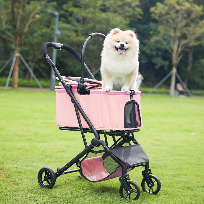 Дитячий візок-перевертач 2-в-1 для собак з знімним кошиком, складний візок для цуценят на 4 колесах, мінімалістичний візок для тварин з кишенькою для зберігання для середніх та маленьких собак, рожевий