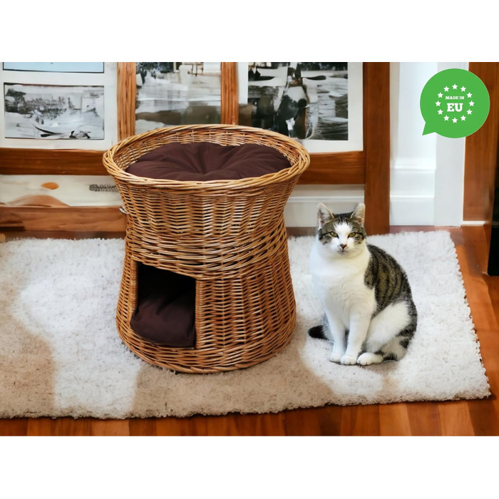Кошик-будиночок для котів з лози, двоповерхове ліжко для котів і собак, діаметр 47 см, натуральна вербова хата з коричневими подушками, для дому