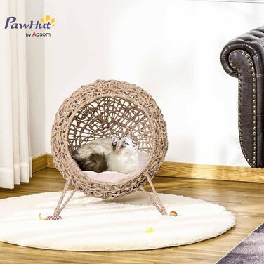 Будиночок для кота PawHut з ротангу з подушкою, лежанка для котів, котяча печера з піднятими ніжками, Ø52 x 58 см (натуральне дерево)