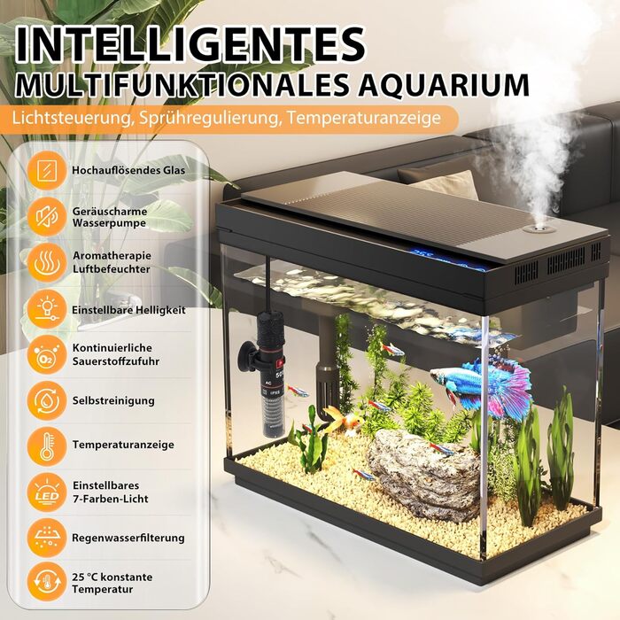 Акваріум Vehipa Nano 9L з підсвічуванням, фільтром, обігрівачем та зволожувачем повітря, UHD-скло, чорний