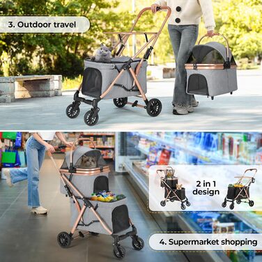 MAMIZO Подвійний візок для собак, переноска для тварин до 15 кг, складний двоярусний візок для собак, котячий візок на 2 яруси з 4 зносостійкими колесами PU, переносна сумка для собак (Сірий)