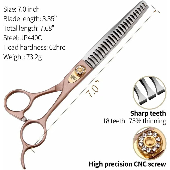 Професійна ножиця для вичісування собак та котів Fenice Peak, 1.2 см, з нержавіючої сталі 440C, 50/56 зубців, 7.5 дюймів (Японія)