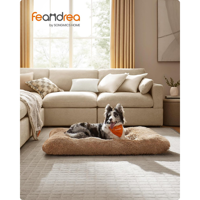 Ліжко для собак Feandrea, м'який килимок, плюшеве ліжко, 122 x 74 см, м'яка підстилка, миється, багатофункціональне, верблюжий колір