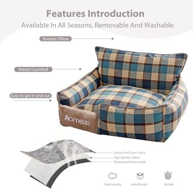 Ортопедичне ліжко для собак середніх та великих порід PETCUTE з знімним, пральним чохлом, антиковзним дном та м'яким диваном, блакитного кольору з підголовником