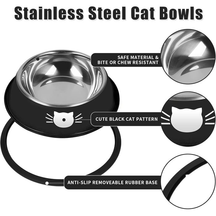 Набори мисок для котячого корму з нержавіючої сталі, 2 шт. - Стійкі, 200 мл, легко миються, чорний/сірий