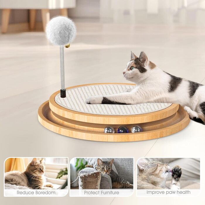 Кігтеточка з сизалю для котів з дзвіночком та м'ячиком, інтерактивна іграшка-кульова дорога для фізичних та ментальних вправ