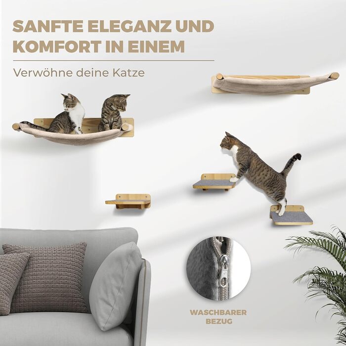WOOWOOD® Стіна для лазіння котів з 2 сходами, масив дерева, настінний комплекс, гамак, кігтеточка, меблі для котів, повний комплект (5 елементів)