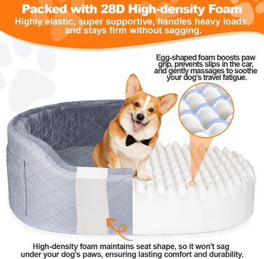 Підвищення для собак середніх та великих порід (до 25,4 кг), сірий колір, розмір L. Зручне автоліжко для собак з пам'яттю, з кишенями, ковдрою та ременем безпеки.