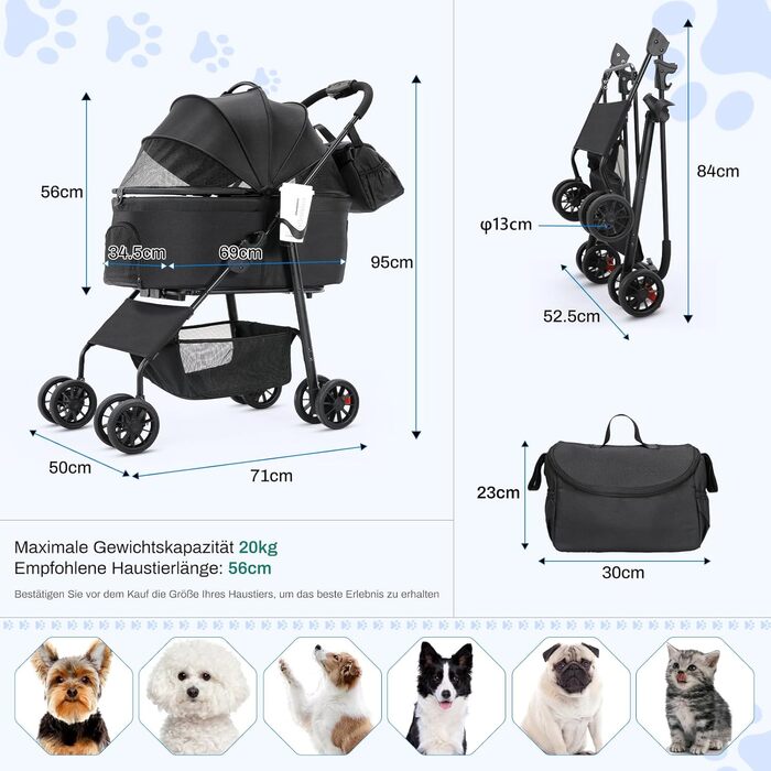 Візок для собак Mamizo 3-в-1, до 30 кг, з сумкою, для малих/середніх собак і котів, чорний, тканина Леїнен