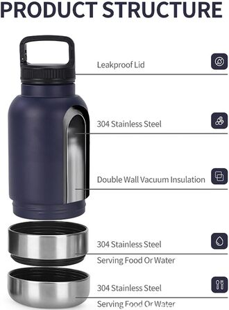 Портативна пляшка для собак з мисками для їжі та води, 3-в-1. Ізольована пляшка з нержавіючої сталі для подорожей, прогулянок, походів (глибока). Темно-синій колір.