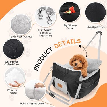 Автокрісло для собак Nobleza - зручне ліжко для маленьких собак, з кишенями та змінним подушкою, 58x56x33 см, бавовна, плюш, пластик/метал