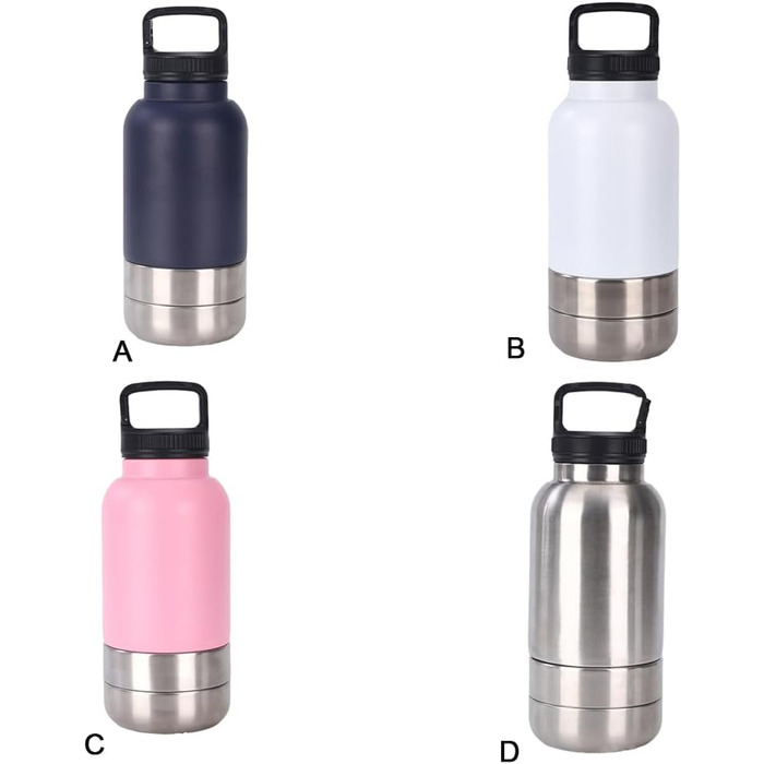 Портативна пляшка для собак з мисками для їжі та води, 3-в-1, ізольована сталева пляшка для подорожей, прогулянок, походів (глибока), срібна