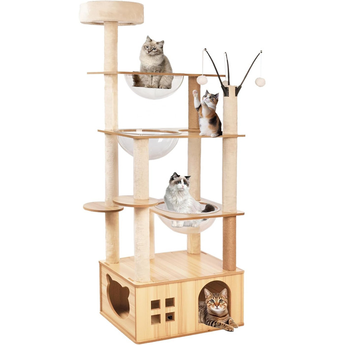 Великий котячий комплекс з подряпуванням, 173 см, XXL, 13 стовпчиків, 5 платформ, 3 космічні кораблі, 1 печера, 3 плюшеві кульки, 1 плюшева платформа для стрибків, багатошарові стовпчики, космічна капсула