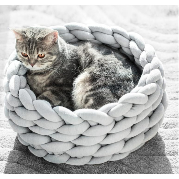 Розкішне кругле котяче ліжко Tiles, в'язане гачком, велике, 50,8 см, сіре