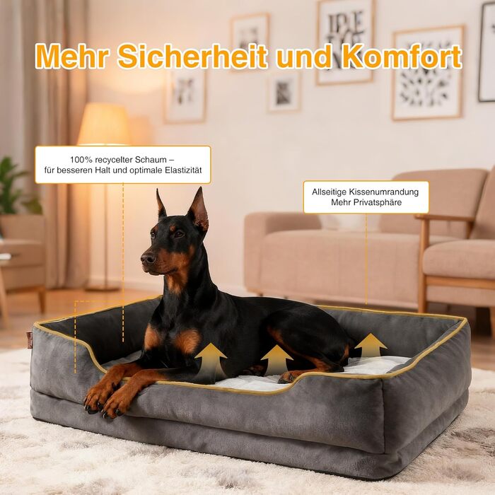 Ортопедичне собаче ліжко Zedelmaier для середніх та великих собак, 90х68х25 см, стійке до подряпин, з товстим лежаком, миється, ергономічне диван-ліжко для собак з знімним покриттям (124 x 84 см, Темно-сірий)
