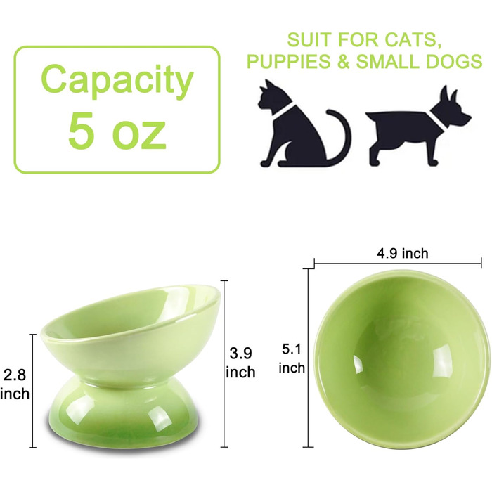 Підвищений годівниця для котів з кераміки, нахилений миска для води або корму, порцеляна, без стресу, запобігання зворотному потоку, придатний для миття в посудомийній машині та мікрохвильовій печі, лаванда (перехід кольору зелений)