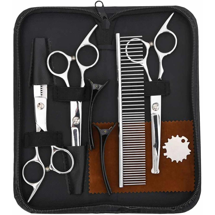 Набір професійних ножиць для собак з нержавіючої сталі - для всіх порід - з витончувальними ножицями, гребінцем та регулятором