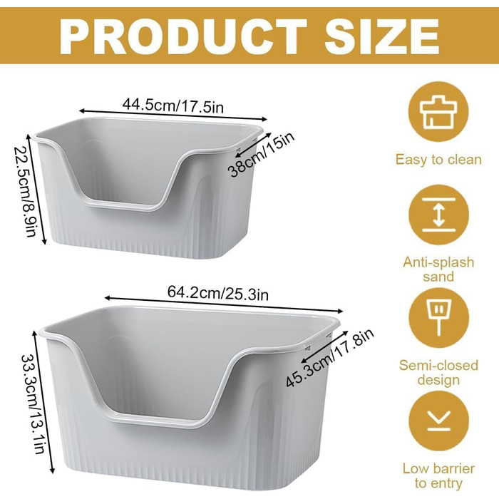 Відкритий лоток для котів Duscdesp, великий 64x45x33 см, без кришки, з високим бортиком, сірий, для великих котів та кошенят, захист від розбризкування