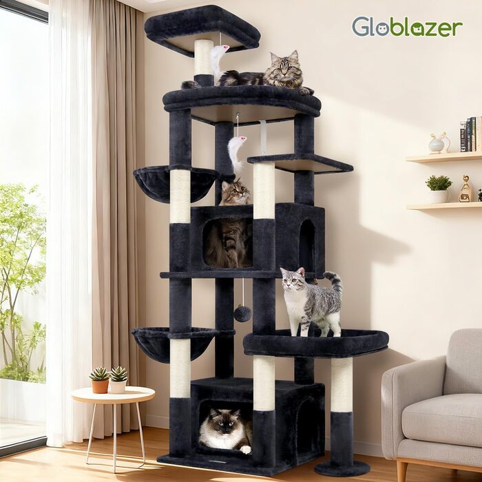 Комплекс для котів Globlazer XXL 192 см з двома печерами, сізалевим стовпом, платформами для великих котів (до 5) темно-сірий