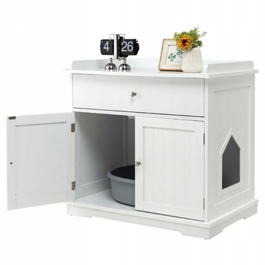 Білий тумба-комод для котів з відсіком під лоток або лежанку та полицею