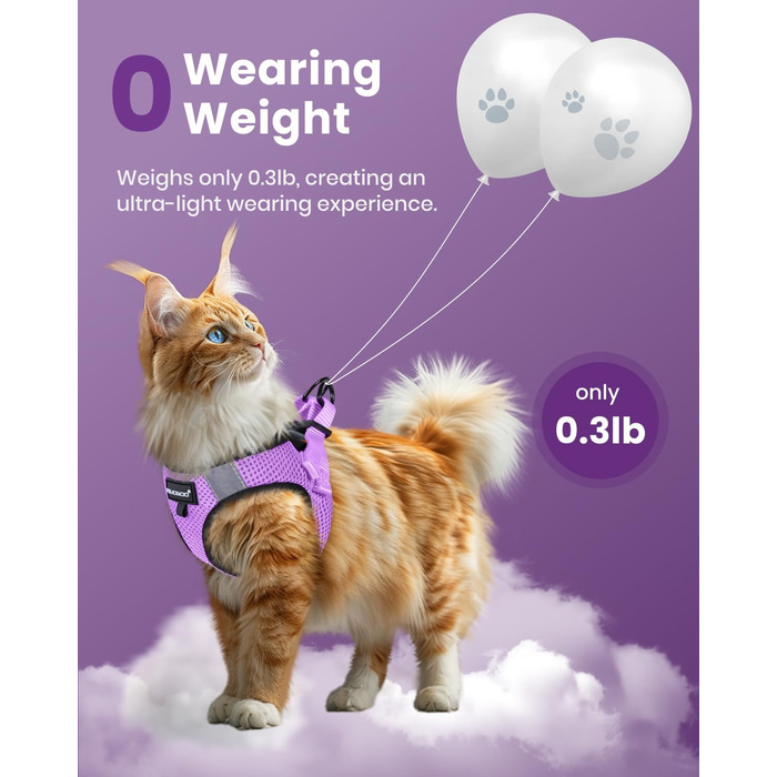 Шлейка для котів FAYOGOO вибухозахисна з повідком, шлейка для котів анти-вислизання та регульована, повідок для котів з відбиваючими смугами для безпеки та комфорту вночі, M (фіолетовий, L (упаковка з 1))