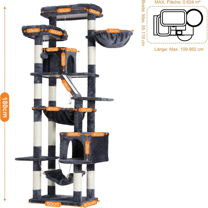 Кігтеточка-вежа для котів Heybly, 180 см, сірий, з 2 платформами, 2 будиночками, 2 гамаками, корзиною та дряпалкою HCT034G