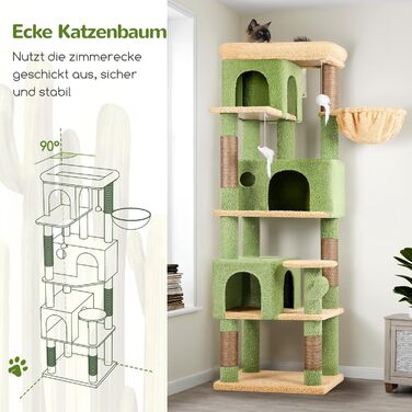 Драбина-будинок для котів Globlazer з кутовою конструкцією, 168 см, 3 будиночки, велика платформа, 5 сизалевих стовпчиків, кошик, іграшки, для 3-4 котів (зелений)