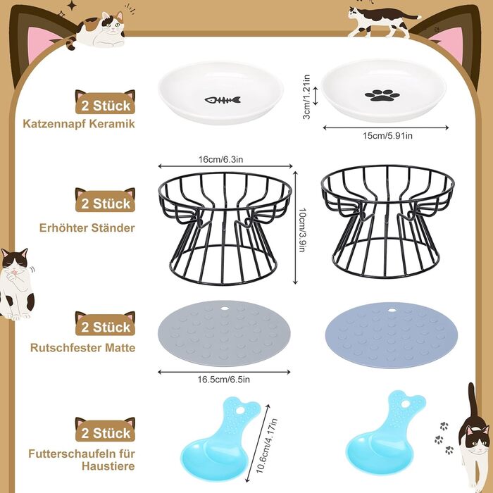 Набір мисок для котів з кераміки з металевим підставкою (2 шт.) - підняті миски для годування котів, неслизькі миски, сучасний дизайн