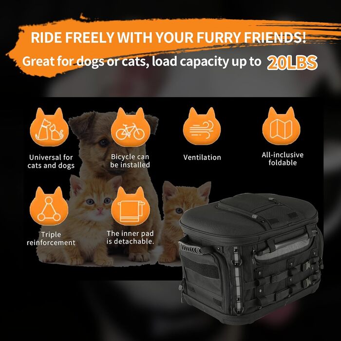 Транспортна сумка для собак та котів UALLIN, водонепроникна, для мотоциклів Harley-Davidson (Road Glide, Street Glide, CVO, Road King, Touring, Trike), Can-Am з багажником, до 9 кг, чорна