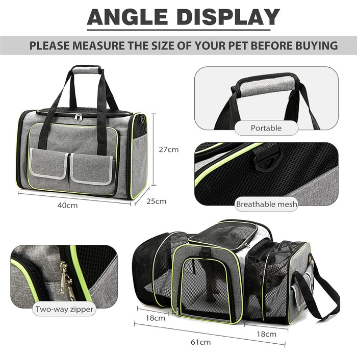 Транспортна сумка для кота PETCUTE, розширювана, з м'яким флісовим ліжком, 2 сторони відкривання, вентильована, з бічними кишенями, схвалена для перевезень авіакомпаніями (S, сірий)