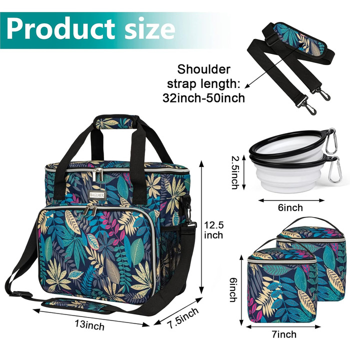 Сумка для собак Baglher, подорожі з домашніми тваринами: набір для перевезення з 2 контейнерами для корму та 2 складною мискою (Medium, Hawaii)