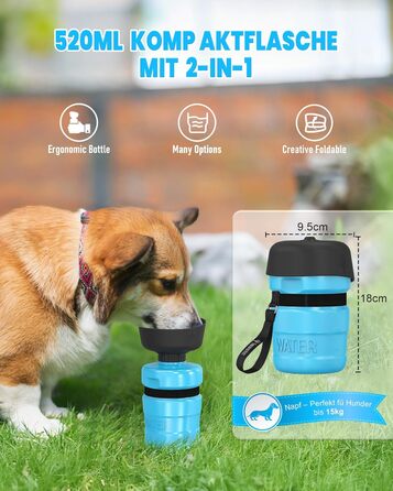 Складана пляшка для води для собак Lesotc, 520 мл, блакитна - для прогулянок, подорожей, кемпінгу