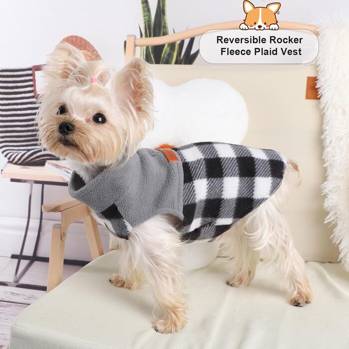 Флісова жилетка для собак Kosiyi, теплий собачий светр з отвором для повідка, одяг для домашніх тварин, легкий собачий халат для маленьких собак, хлопчиків та дівчаток, на осінь та зиму, в клітинку, сірий, розмір XX-Small