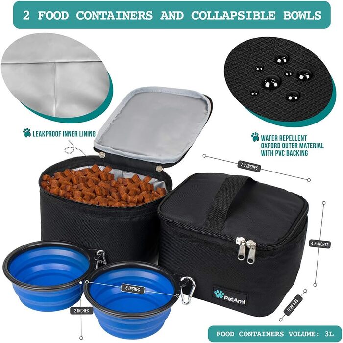 PetAmi Сумка-органайзер для собак та котів, дорожня сумка для годування з контейнерами та мисками, аксесуари для подорожей, подарунок для кемпінгу, сумка для переодягання (середня) - 14.5L x 8W x 12H, Чорний