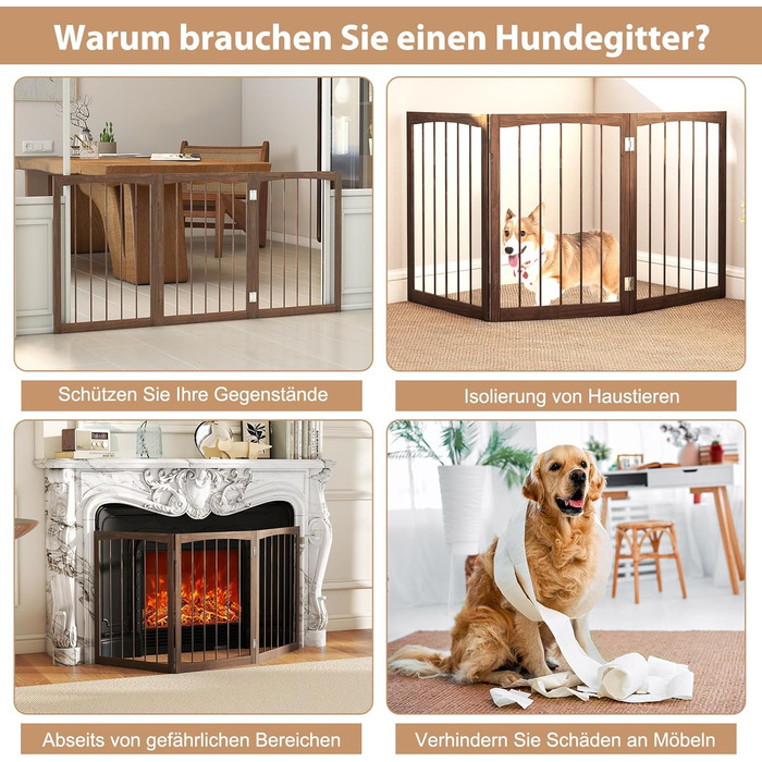 Захисний бар'єр для собак COSTWAY 3 секції, дерев'яний, 76 см, розкладний, для кухні, коридору, сходи, з сосни (коричневий)