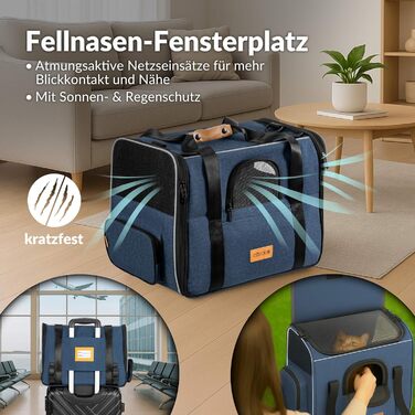 Транспортна переноска для котів CADOCA® до 20 кг, складна, з сонце- та дощовим дахом, плечовим ременем, мискою, дихаюча, комфортна, з обертовим подушечком, для котів та собак, блакитна