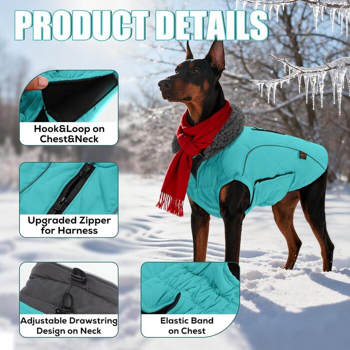 Зимовий теплий пуховик для собак EMUST, флісова підкладка, тепла куртка для собак маленьких, середніх та великих порід, одяг для собак у холодну погоду, XXXL, колір: Нью-Туркіс