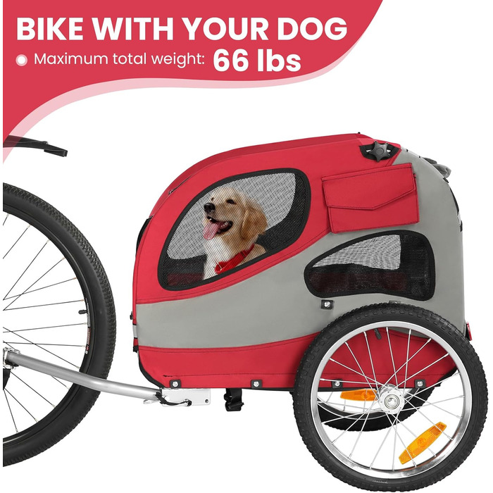 Причіп для собак до 30 кг, складний, з відбивачами, сумкою, м'яким внутрішнім простором та страхувальними ременями, червоний