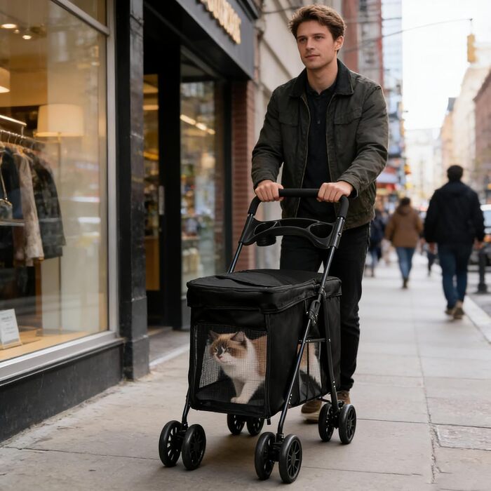 Візок для собак Homewell, візок-каляска для котів/маленьких собак, візок-каляска для дітей, прогулянковий візок для тварин з 2 вікнами на блискавці, тримач для напоїв, до 20 кг (Чорний)