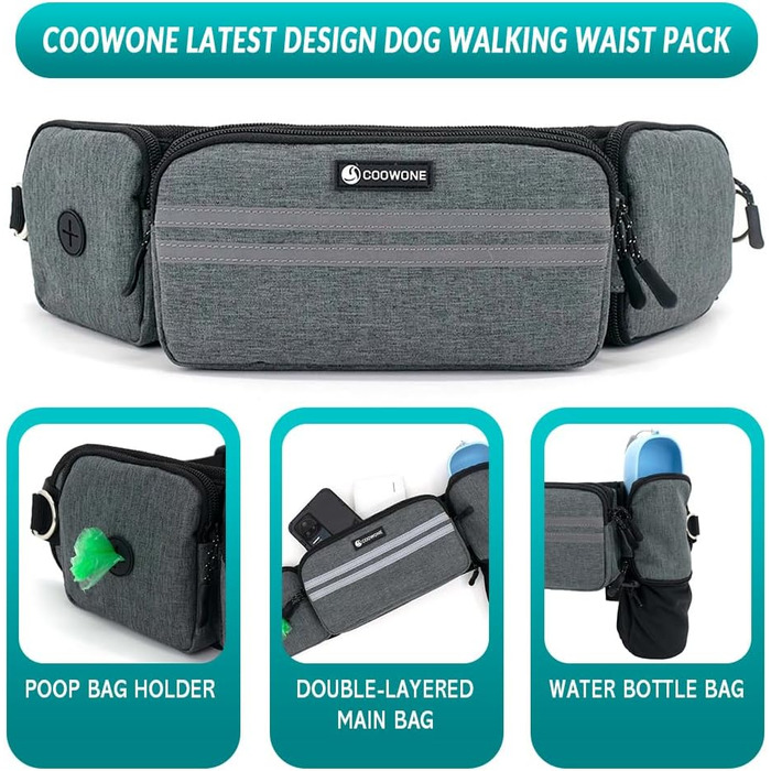 Лекарська сумка для собак, поясна сумка для аксесуарів, мішок для ласощів з дозатором кульок для вигулу, прогулянок та дресирування (Сірий, з 1 повідком)