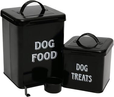 Контейнер для корму Morezi (2 шт.): сталь, з кришкою, ложка. Підходить для корму собак, котів та інших тварин. Білий/Чорний