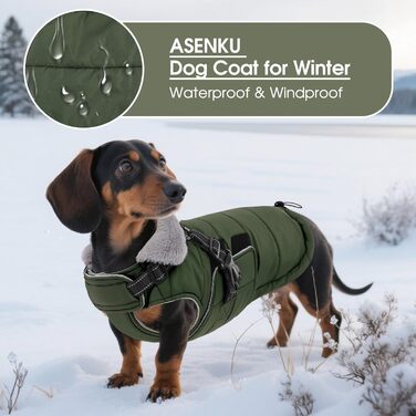 Зимовий теплий накид для собак ASENKU (S, M, L, XL) – водонепроникний, вітронепроникний, з відбиваючими елементами, з нагрудником, для маленьких, середніх та великих собак, зелений
