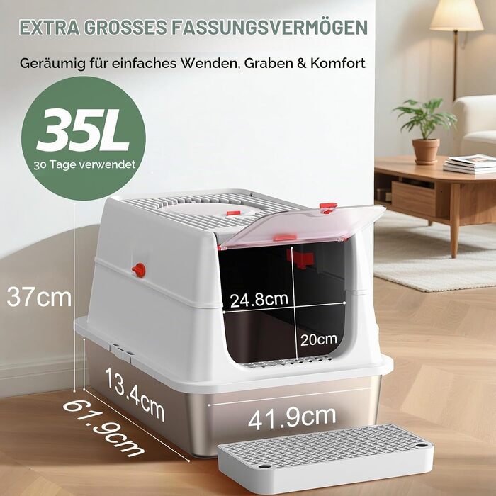 Лоток для котів BEST JAJA XXL з кришкою, нержавіюча сталь, 61.9 × 41.9 × 37 см, сірий